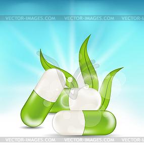 Pills and Green Leaves - vector clipart