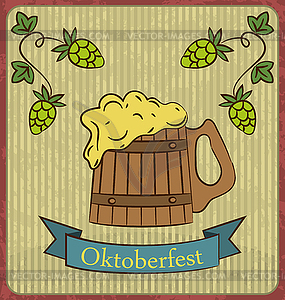 Wooden Mug Beer Foam and Hops - vector image