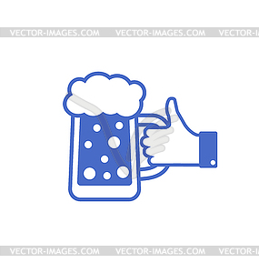 Икона Синий пальца вверх с кружкой пива - иллюстрация в векторе