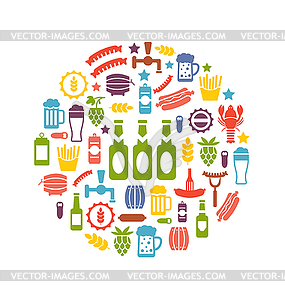 Set Colorful Icons of Beers and Snacks - vector clipart