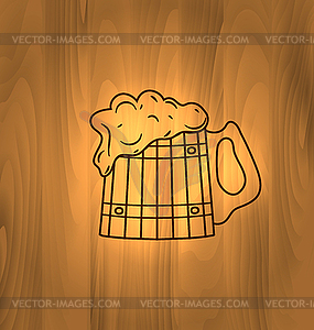 Mug Beer Foam Scorch Wooden Wall - vector image