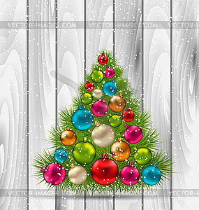 Christmas Tree and Colorful Balls on Wooden - vector image