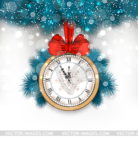 New Year Midnight Background with Clock and Fir - vector clipart