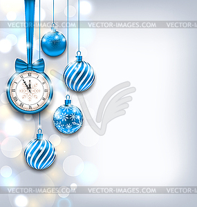 Новый Год блестящий фон с часами и стеклянные шарики - иллюстрация в векторном формате