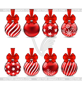 Set Christmas Red Glassy Balls with Bow - vector image