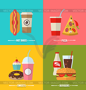 Set fast food and drink, flat colorful simple icons - vector clipart