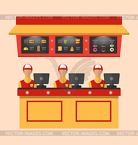 Workers with Cash Register in Cafe - color vector clipart