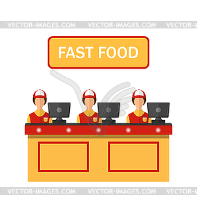 Cashiers with Cash Register in Diner with Fast Food - vector clipart