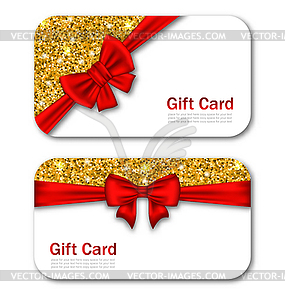 Gift Cards with Red Bow Ribbon and Golden Sparkles - vector clipart