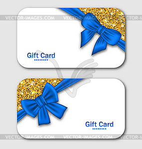 Gift Cards with Blue Bow Ribbon and Golden Surface - vector image