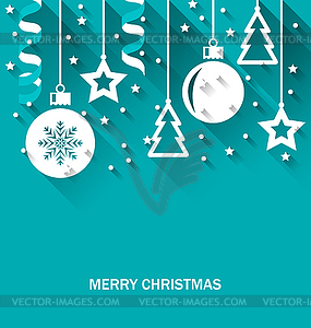 Christmas Card with Fir, Balls, Stars, Streamer - vector clipart