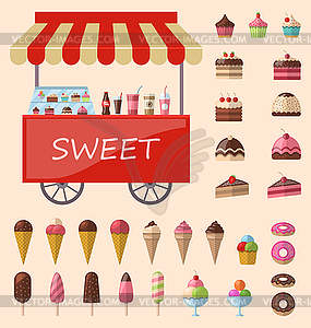 Delicious sweets and ice cream icons set - vector image