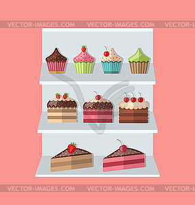 Delicious sweets piece cake stand market icons set - vector clipart