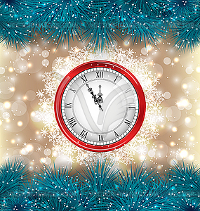 New Year Midnight Background with Clock and Fir - vector clipart
