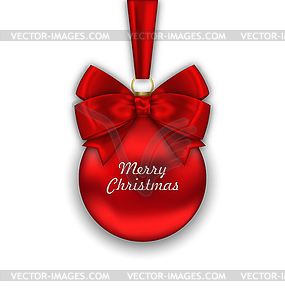 Realistic Christmas Red Ball with Satin Bow Ribbon - vector clipart