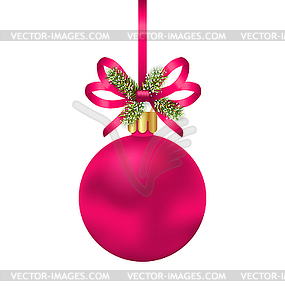 Christmas Pink Ball with Bow Ribbon and Fir Twigs - vector clipart