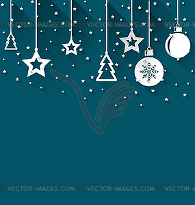 Xmas background with fir, balls, stars, trendy flat - vector image