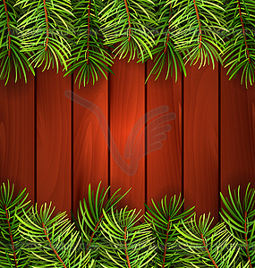 Holiday Wooden Background with Fir Branches - vector clipart
