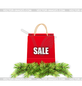 Christmas Shopping Sale Bag with Fir Branches - vector clipart