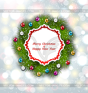 Celebration Card with Christmas Wreath and Balls - vector clip art