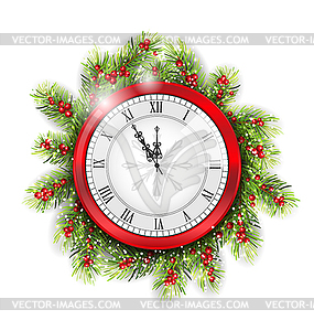 Christmas Fir Branches with Clock - vector image