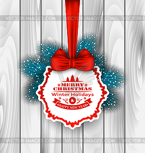 Winter Label Wishes Card with Red Bow Ribbon - vector clipart