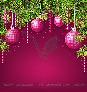 Pink Wallpaper with Fir Twigs and Glassy Balls - vector clip art