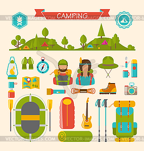Set of Camping and Hiking Equipment - vector image