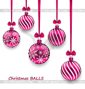 Christmas Card with Pink Glassy Balls with Bow - vector EPS clipart