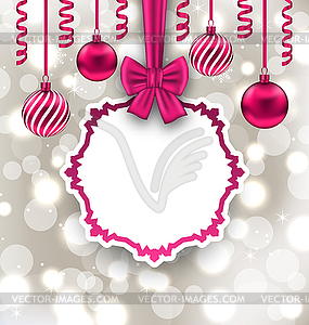 Рождественская открытка с лентой бумаги лук и мячи - векторная иллюстрация