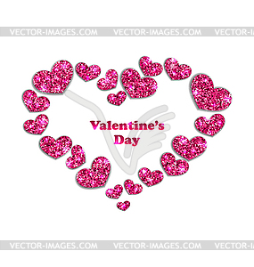 Frame of Pink Hearts with Glitter Background - vector image