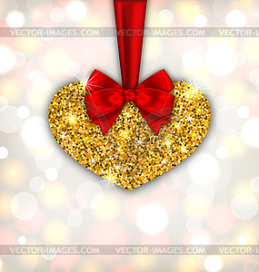 Shimmering Golden Heart with Red Silk Ribbon - vector image