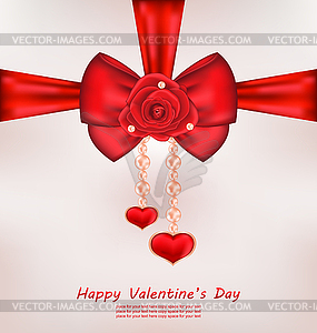 Greeting Card with Red Bow, Rose, Heart, Pearls - vector image