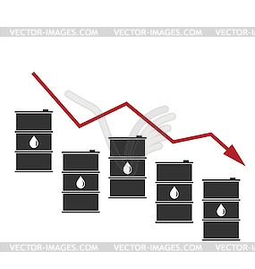 Concept of Oil Prices Fall, Black Barrels and - vector image