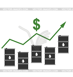 Concept of Oil Prices Up, Black Barrels and Graph - vector image