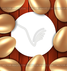 Поздравление карты с пасхальными золотыми глянцевых яиц - векторное изображение