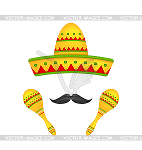 Mexican Symbols Sombrero Hat, Musical Maracas, - vector image