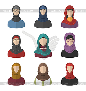 Set Arabic Women, Heads and Headscarf - vector image