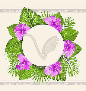 Retro Card with Purple Hibiscus Flowers and Green - vector image