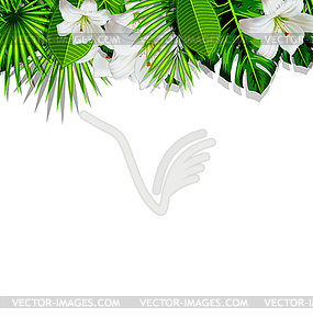 Рама ветви тропические листья и белые цветы лилии - рисунок в векторе