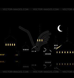 Silhouette of Mosque Against Night Sky with Crescen - vector clipart