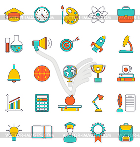 Set Flat Line Colorful Icons of School Equipment - vector image