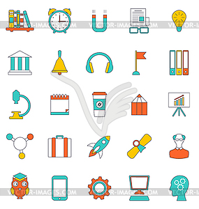 Набор иконок плоская линия школьного оборудования и инструментов - изображение векторного клипарта