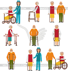 Набор пожилых людей с ограниченными возможностями. Пожилые люди в - изображение векторного клипарта