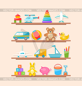 Set of Colorful Children Toys on Shelf. Cartoon Bab - color vector clipart