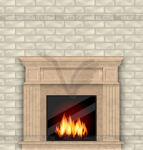 Реалистичная мраморный камин с огнем в интерьере, - клипарт в векторном формате
