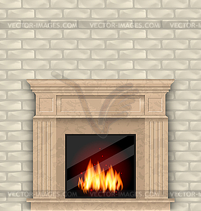 Realistic Marble Fireplace with Fire in Interior, - vector clip art