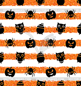 Seamless Background with Pumpkin, Spider, Pot, Owl - vector clip art