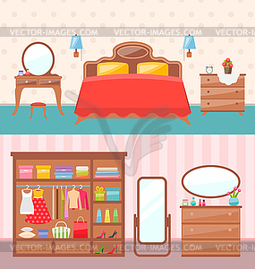 Flat design bedroom interior. . Modern furniture, - vector image