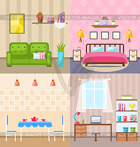 Set Room Interiors with Furniture Flat Icons - vector clip art